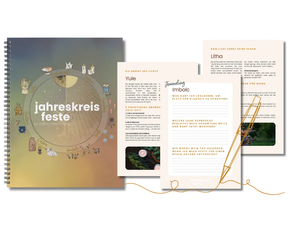 Das E-Book „Jahreskreis Feste“ mit Ringbuch-Cover und aufgeschlagenen Seiten zu Yule, Litha und Imbolc